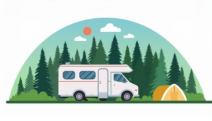 Obraz premium Camping in the forest. Forest camping landscape with rv traveler bus. Vector illustration in flat design.