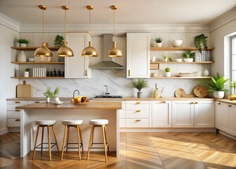 Bright Modern Scandinavian Kitchen With Island and White Cabinets