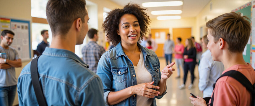 Engaging black teacher smiling while talking to students in school corridor, fostering community