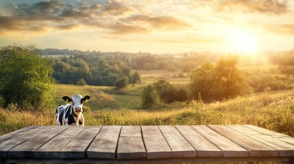 Obraz premium Idyllic Sunset over Rolling Hills with a Curious Calf