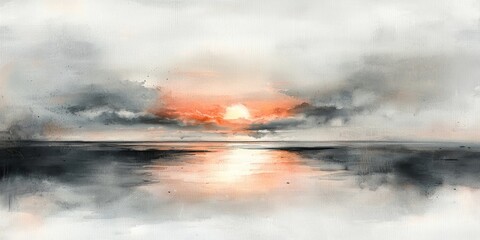 Obraz premium A serene watercolor painting of a sunset over the ocean, featuring soft clouds and warm hues reflecting on the water's surface.