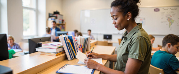 Young adult smiling while managing school reception desk, welcoming atmosphere