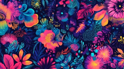 Vibrant Tropical Floral Pattern Colorful Flowers Dark Background