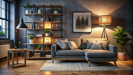 Cozy Grey Living Room Interior at Night - Wooden Shelving, Black Lamp, Comfortable Furniture