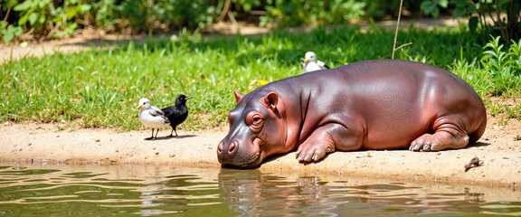 Baby hippo resting by the water in bright wetland landscape, tranquility