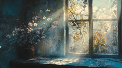 Sunlit Spring Blossoms in Rustic Room