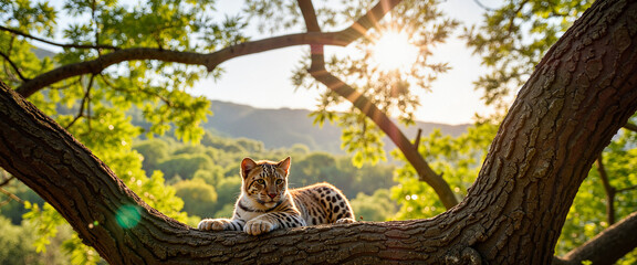 Obraz premium Baby leopard lounging on tree branch in sunlight, wildlife relaxation