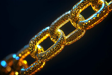 Gold chain with intricate links glowing on a deep black background