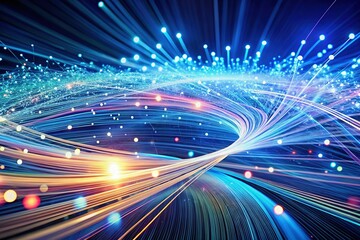 Obraz premium Luminous Connectivity: Fiber Optic Data Streams Amidst a Blue Digital Landscape