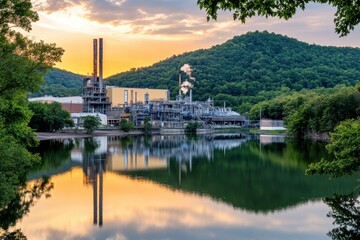 Industrial Complex and Mountain Reflected in Calm Water at Sunset