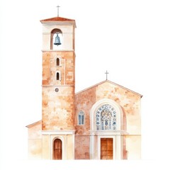 Obraz premium Watercolor architectural beauty bell tower in mediterranean village exterior view tranquil environment, isolated on white background