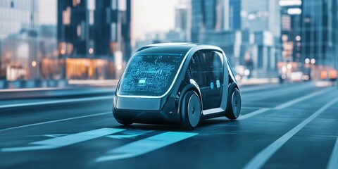 Obraz premium A futuristic looking car is driving down a city street. The car is blue and has a lot of lights on it