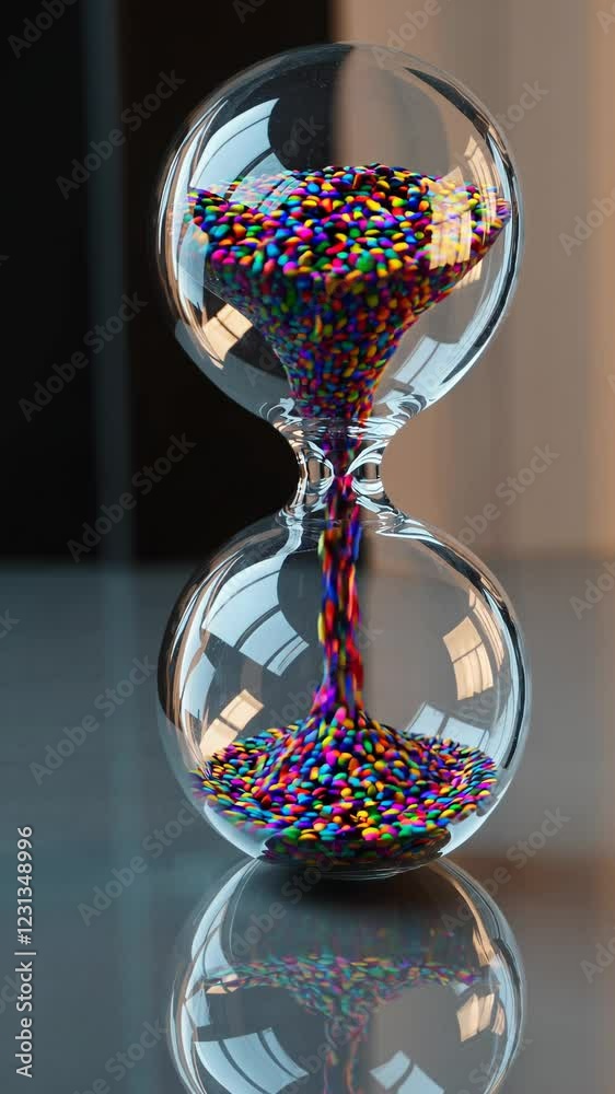 Aufkleber an up-close perspective of an hourglass on a reflective surface, its rainbow-toned sand forming mesm