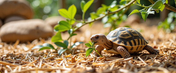 Obraz premium Infant tortoise munching greenery in desert enclosure, zoo season