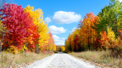 Autumnal gravel road through vibrant forest, sunny sky. Perfect for travel, nature posters