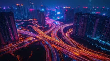 Obraz premium Aerial View of Illuminated City Highway at Night