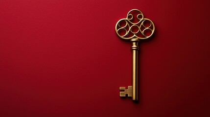 Vintage ornate golden key on a red background