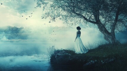Woman in White Dress by Misty Lake Under a Dark Tree