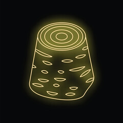 Neon yellow tree stump glowing on black background showing wood grain detail