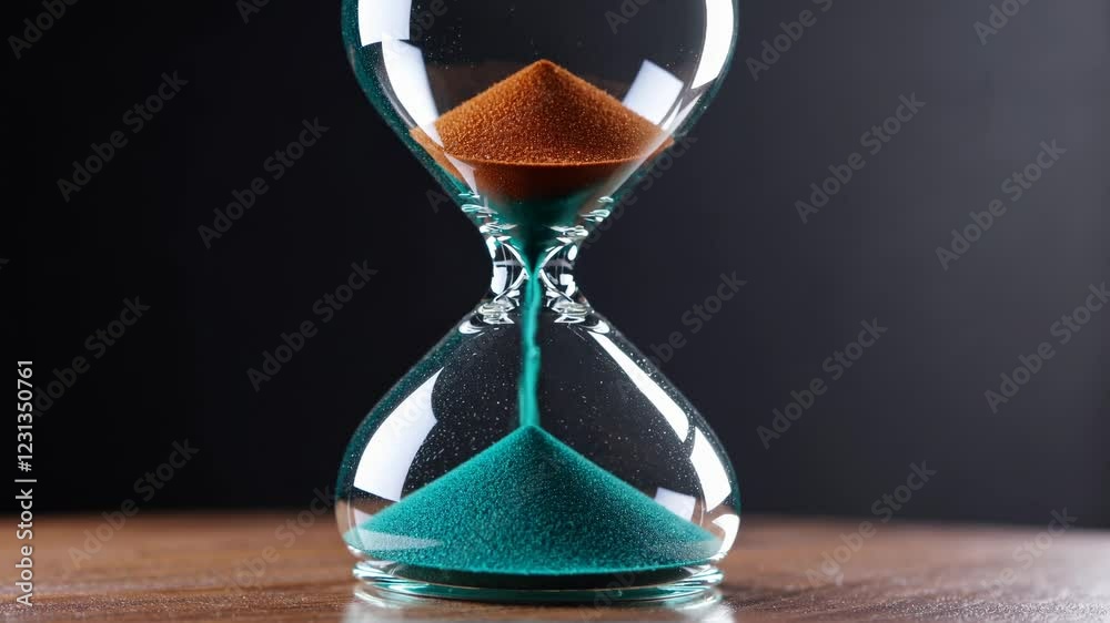 Poster a macro shot of a glass hourglass containing vibrant turquoise sand, emphasizing each delicate grain