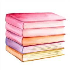 Watercolor books stacked elegantly cozy study space artistic illustration warm lighting creative inspiration, isolated on white background