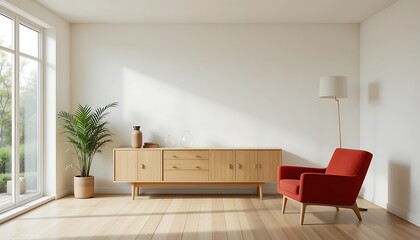 Modern minimalist living room interior design with light wooden sideboard, red armchair, and large window