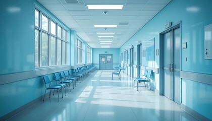 Fototapeta premium Serene and Spacious Modern Hospital Corridor with Rows of Empty Blue Chairs and Bright Windows