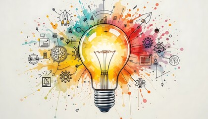 Abstract Colorful Watercolor Light Bulb Idea Concept with Diverse Business and Innovation Icons