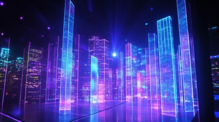 Futuristic Cityscape at Night Neon Lights Glowing Skyscrapers Digital Art