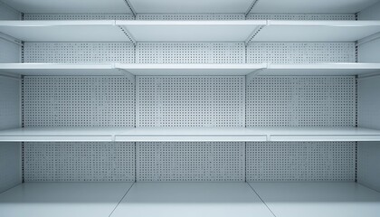 Empty white retail shelving unit with perforated metal back panels, perfect for product display and merchandising