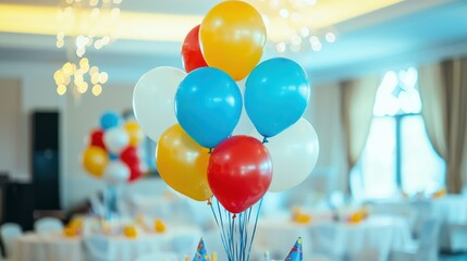 Colorful balloons floating in the air at a birthday party.