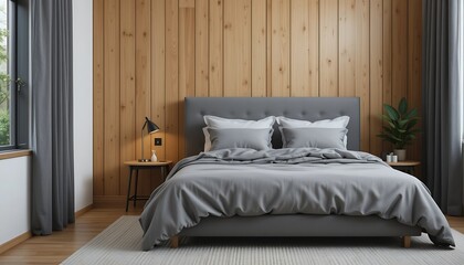 Modern minimalist bedroom interior design with gray bedding, wood paneling, and natural light