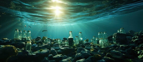 Underwater view of the sea with lots of trash, Plastic bottles floating in the water. Plastic pollution concept.