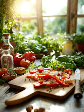 a wooden table surrounded by fresh ingredients. AI generative.