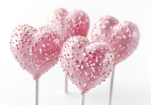 Heart-Shaped Cake Pops:  A delightful and romantic treat, four heart-shaped cake pops coated in pink frosting and adorned with sprinkles are ready to share the love.