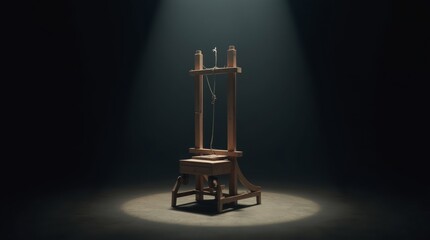A close-up of a guillotine model on a dark background