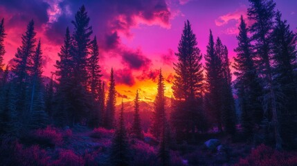 A serene forest scene with purple trees and a pink sky. The sky is a beautiful mix of orange and pink hues
