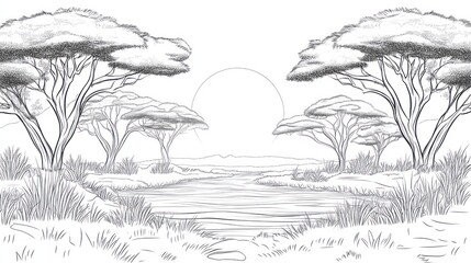 Savanna sunrise, river, acacia trees, peaceful landscape, nature illustration