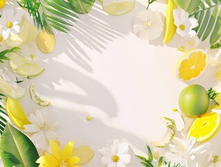 Citrus Summer Solstice: A vibrant and refreshing composition featuring a circular arrangement of sliced citrus fruits,  blooming white and yellow flowers, and lush green palm leaves.