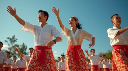  A group of people, including an Asian man and an African American woman, performing Bon Odori dance together