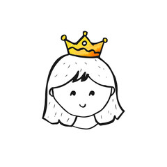Cute little princess cartoon girl head face smiling doodle wearing a crown.