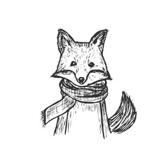 Fox hand-drawn doodle cartoon sketch vector character wearing a scarf.