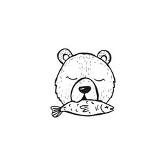 Cute doodle bear head face eating a dead fish, cartoon hand-drawn vector.