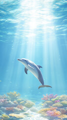 Fototapeta premium serene underwater world with graceful dolphin swimming among vibrant coral reefs. sunlight filters through water