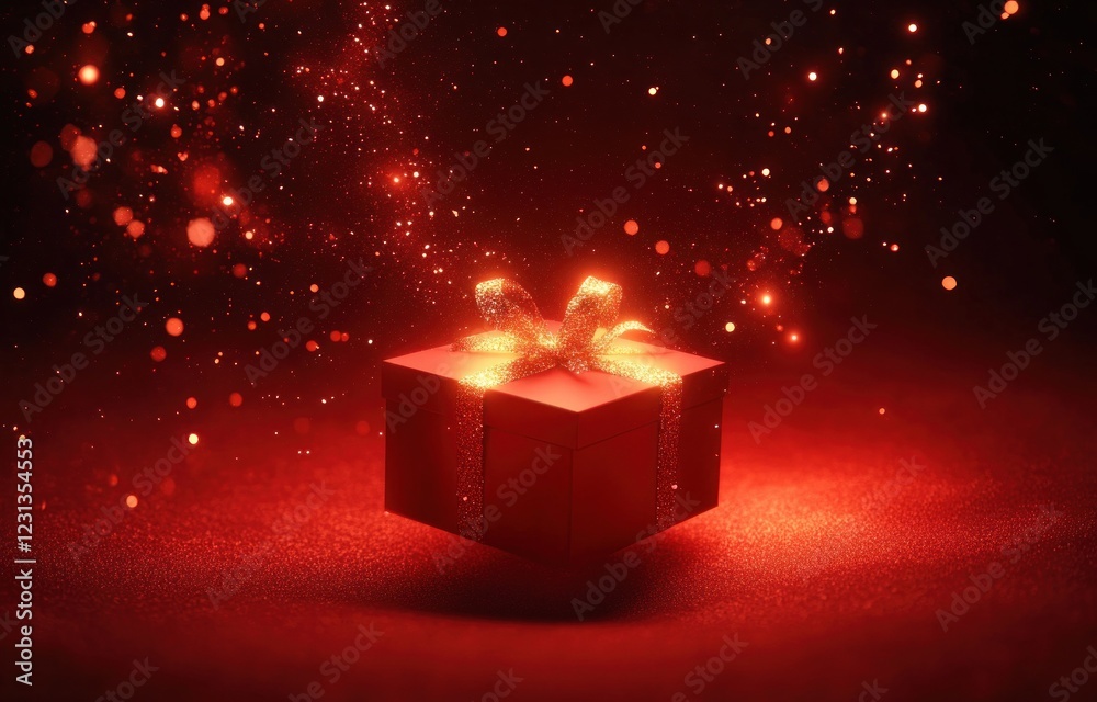 Aufkleber magical red gift box glowing in air with sparkling particles on deep red background