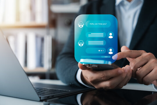 AI Chatbot intelligent digital customer service application concept, computer mobile application uses artificial intelligence chatbots automatically respond online messages to help customers instantly