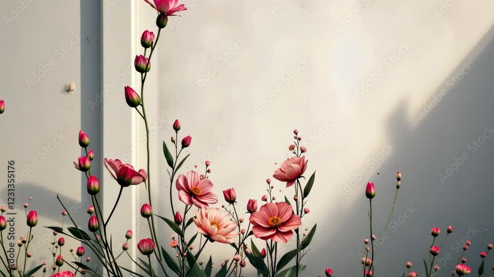 Poster a wall with a white background and a flowery border. the flowers are pink and are arranged in a row