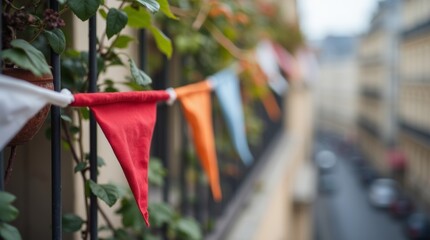 Close-up of a tricolor bunting hanging from a French balcony