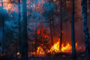 A forest consumed by a raging fire. The intense flames illuminate the scene with an eerie glow
