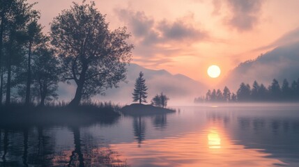 Obraz premium Misty Lake Sunset with Silhouetted Trees and Mountains